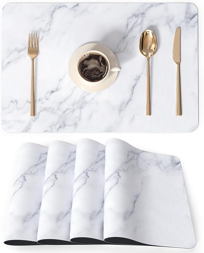 QIYI Placemats Set of 4, 12x18 Inch Faux Leather Place Mats for Kitchen Dinning, Heat Resistant Anti Slip Table Mats, Waterproof Wipeable Washable Placemat Party Table Décor, White Marble