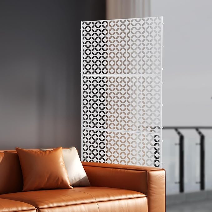 Outdoor Metal Privacy Screen with Stand, 35.4" W x 75" H Freestanding Metal Slatted Decorative Privacy Screen and Panels for Patio Garden Balcony Porch (White Star)