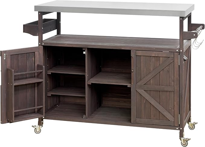 Rolling Cart ，Storage Cabinet, Grill Table ，Artificial Board，with Stainless Steel Top, Internal Storage Racks，Spice Rack, Towel Rack ， Kitchen ，Barbecue, Outdoor