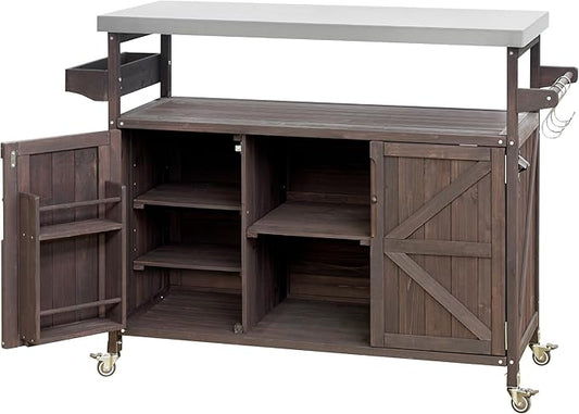 Rolling Cart ，Storage Cabinet, Grill Table ，Artificial Board，with Stainless Steel Top, Internal Storage Racks，Spice Rack, Towel Rack ， Kitchen ，Barbecue, Outdoor