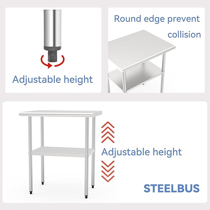 Stainless Steel Table (Backboard Table+Adjustable Legs, 24 x 48 Inch)