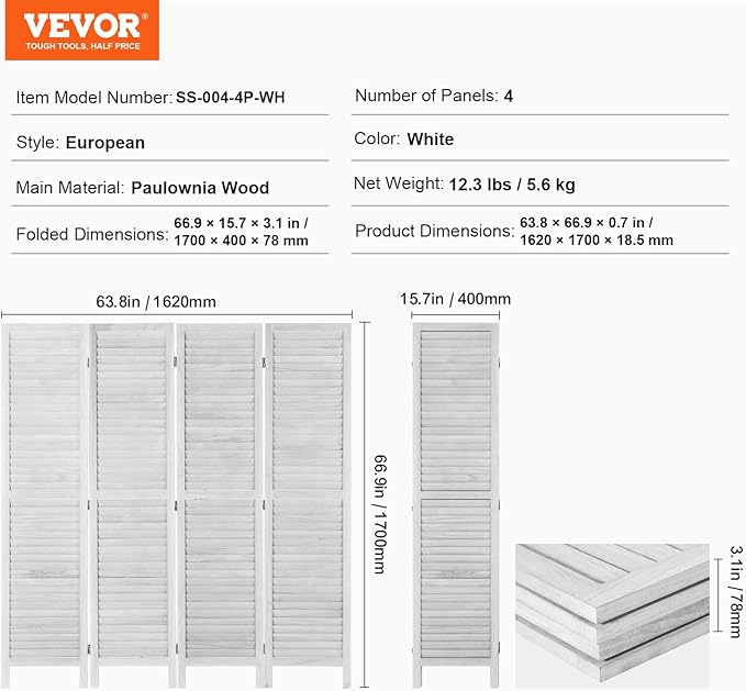 VEVOR Wood Room Divider, 4 Panel Folding Privacy Screen, 66.9 Inches Tall Indoor Wooden Partition, Portable Decoration Screen, for Room Separation, Home, Office, Restaurant & Bedroom (Light Grey)