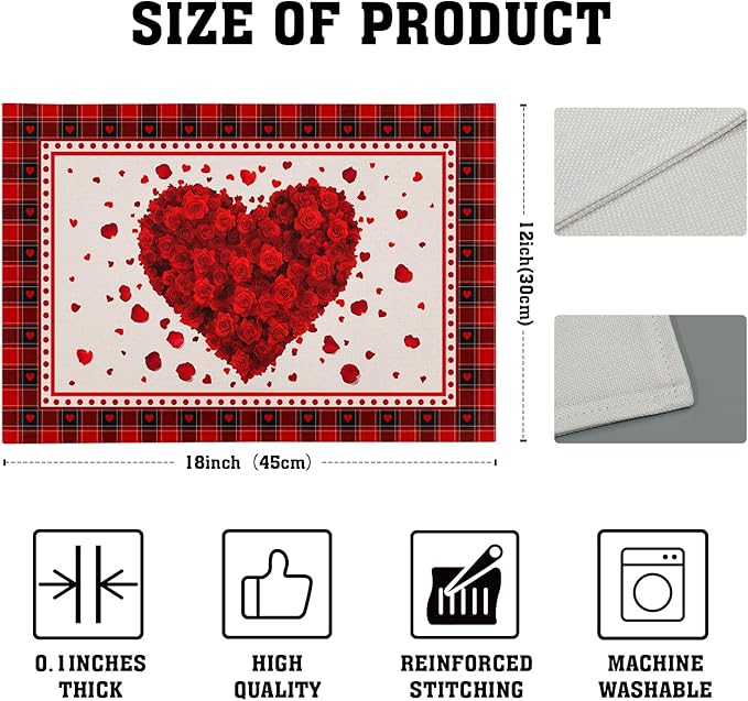 Giwawa 4PCs Valentines Day Placemats 12x18 Inch Love Hearts Rose Flower Place Mat Red Black Buffalo Plaids Non Slip Heat Resistant Table Mats for Kitchen Dining Holiday Wedding Anniversary Decor