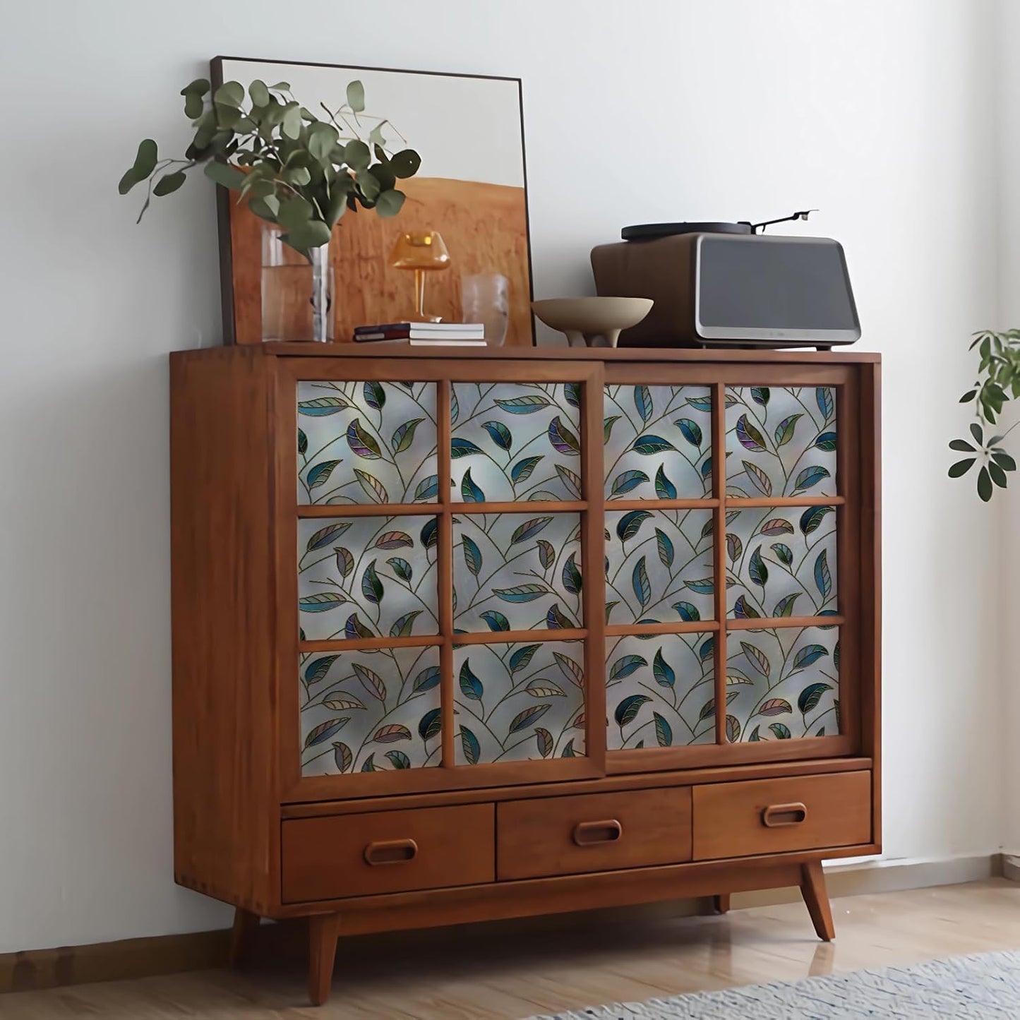 DKTIE Static Cling Decorative Window Film Vinyl Non Adhesive Privacy Film with Installation Kit, Multilayer UV Inkjet Technology, 3D Thickened Stained Film, Vintage Leaf Pattern, 35.4 x 78.7 Inches