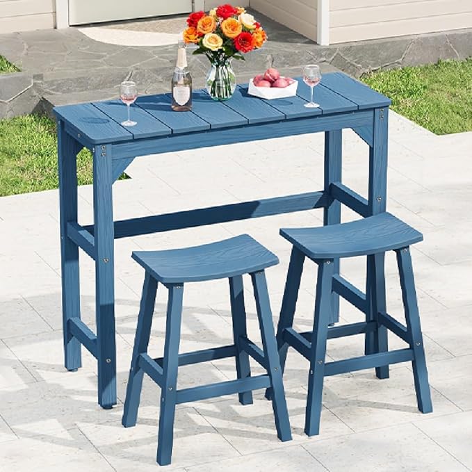 3 Piece Outdoor Bar Set, 42" Rectangular Pub Height High Top Bar Table & 2 Outdoor Bar Stools for Patio, Garden, Poolside and Bistro, Weatherproof, Blue