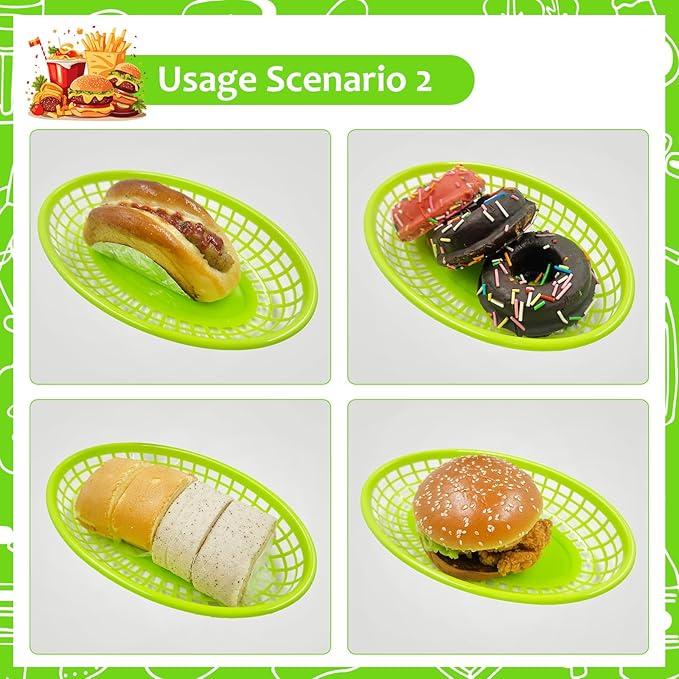 20 Pack Plastic Fast Food Baskets, 8.8" × 5.5" Small Oval Restaurant Serving Baskets Tray for Burgers, Sandwiches, Hot Dogs, Parties, Food Trucks, Reusable or Disposable, Stackable(Green)