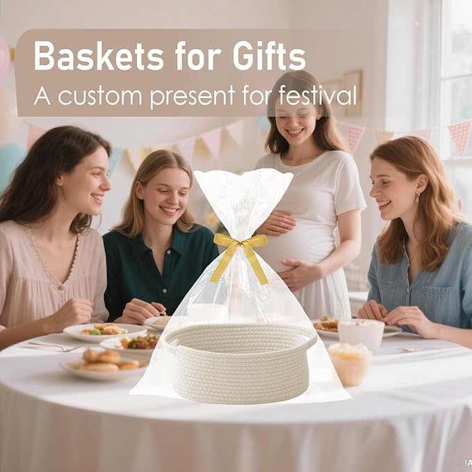 Woven Basket,Small Rope Storage Bin with Handles & Ribbon Bag, Organizer for Shelves Closets,Gift Basket Empty for Birthday,Books,Dog Toys,White/2 Pack