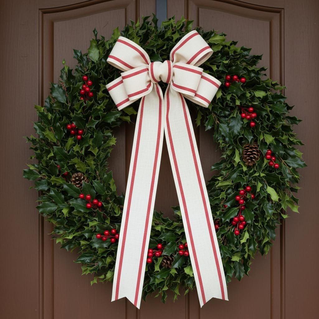 CT CRAFT LLC Ivory Cotton Red Stripes Ribbon 2" x 10 Yards for Home Décor Gift Present Wrapping DIY Crafts Birthday Wedding Bouquet Christmas