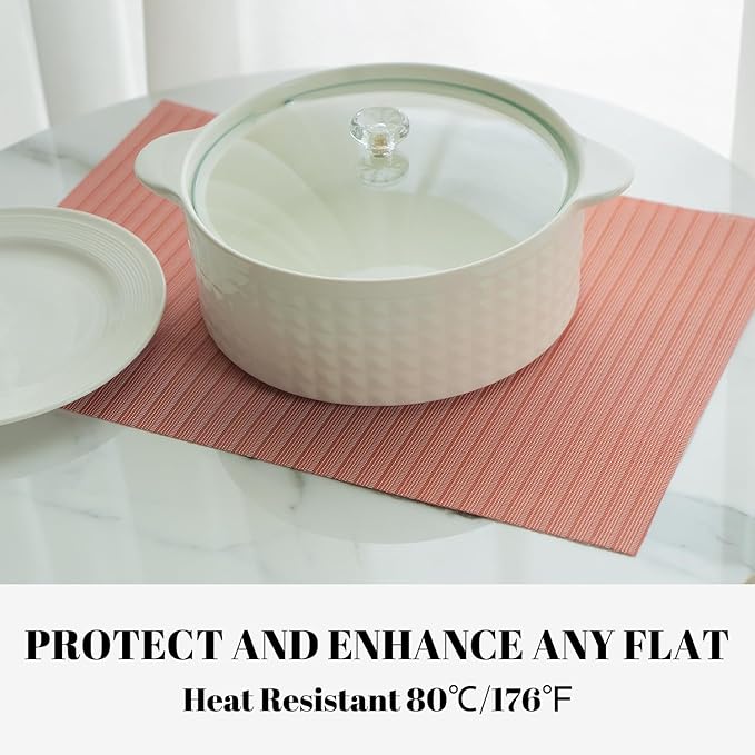 Placemats Set of 4 Vinyl/Plastic Woven Place Mats for Kitchen Table Indoor/Outdoor Washable Placemat Wipeable Dining Table Mats (Red Stripes,4)