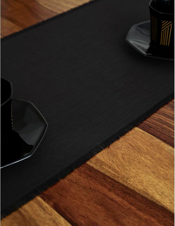 Solino Home Linen Black Table Runner 90 Inches Long - Fringe, 100% Pure Linen 14 x 90 Inch Table Runner for Fall, Autumn, Halloween, Thanksgiving, Christmas, Holiday