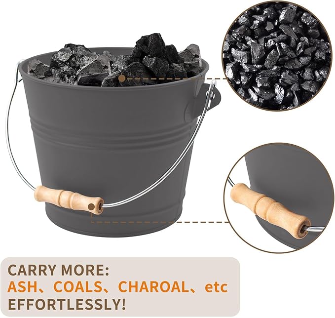 Poofzy Ash Bucket with Lid and Shovel, 1.3 Gallon Fireplace Bucket for Ashes, Includes Hand Broom and Gloves for Fire Pit, Wood Burning Stove and Grill (Gray)