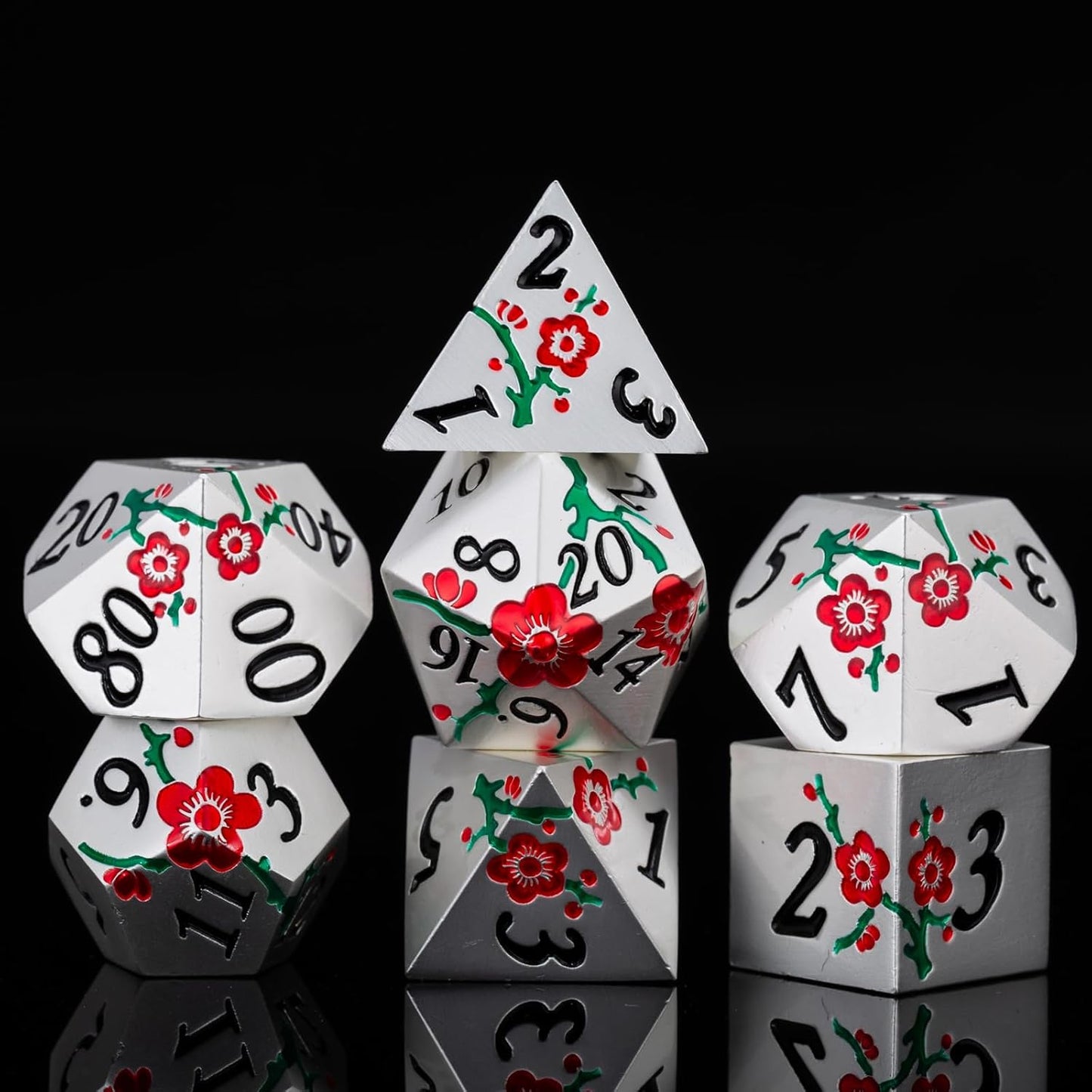 Metal Dice Set D&D, 7 PCS Flower Metal DND Polyhedral Dice Set with Box for Dungeons and Dragon Tabletop Game (Silver-red-Green)