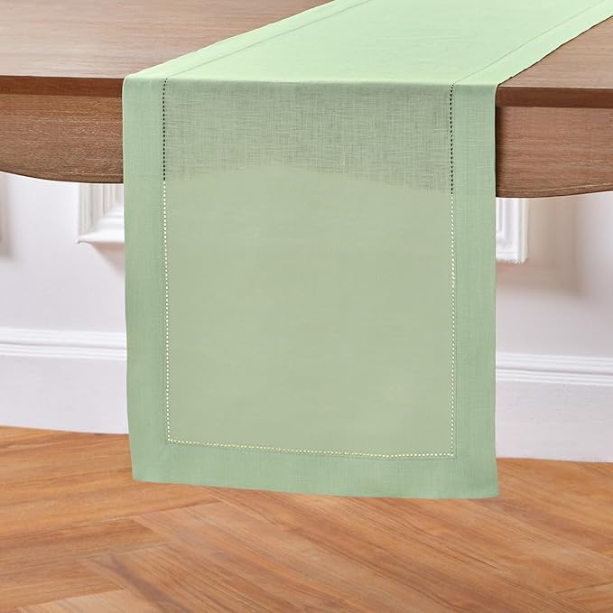 Solino Home Linen Light Green Hemstitch Table Runner 48 Inches - 100% Pure Linen Small Table Runner 14 x 48 Inch for Dresser and Coffee Tables, Spring, St Patricks Day, Easter - Classic Hemstitch