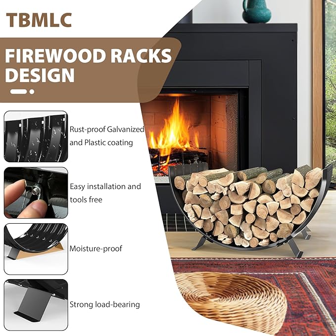 24 inch Diameter Semicircle Firewood Rack Storage -0.8MM Thick Galvanized Steel with Wave Pattern & 4 Stable Feet, Black Coated for Indoor/Outdoor Wood Storage (2FT Diameter)