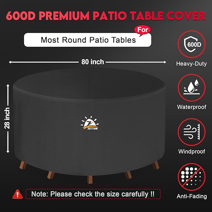 Zettum Round Patio Table Cover 80 Inch - 600D Outdoor Furniture Cover Round Waterproof & Heavy Duty, Large Lawn Furniture Set Covers for Outside Dining Table and Chairs Seating - 80 x 80 x 28 Inch