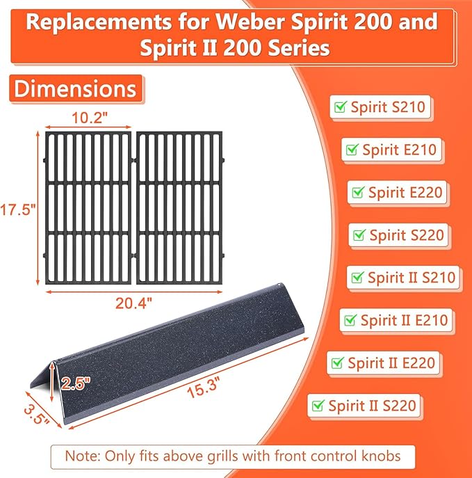 QuliMetal 7637 7635 Grill Replacements for Weber Spirit E210, E220, S210, S215, Spirit 200 & GS4 Spirit II E210, Spirit II E220 Series with Front-Mounted Control, 15.3" Flavorizer Bars & 17.5" Grates