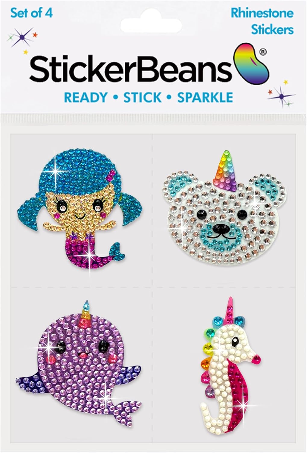 StickerBeans® Rhinestone Stickers – Whimsical 4-Pack, 2” x 2” Unique Sparkly Cut-to-Shape for Collecting, Trading, Decorating Laptops, Phone Cases, Scrapbooks, Kids, Teens, & Adults