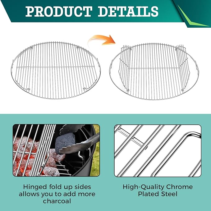 Hinged Cooking Grate for Weber 22 inch Charcoal Grill Stainless Steel Replacement Grate Compatible with One Touch Smokey Mountain Kettle Grill Parts with Handle