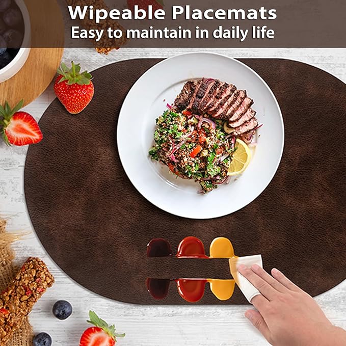 ADRIMER Placemats, Heat Resistant Oval Placemats Set of 4 Washable 12 x 17 Inch, Waterproof Table Mats, Wipeable Pu Place Mats for Kitchen, Dining Room, Coffee