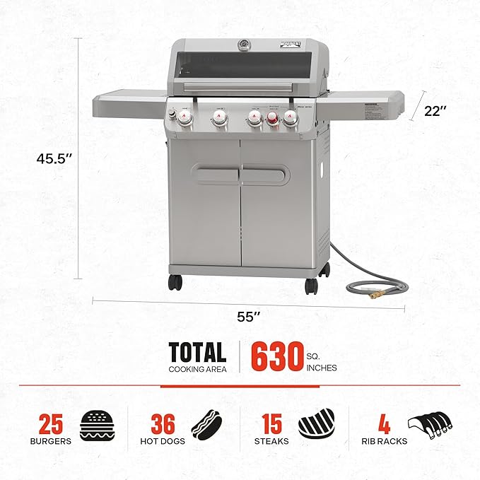 Monument Grills 4+1 Burner Natural Gas Grill with Natural Gas Hose, 50,000 BTU Stainless Steel Outdoor Patio Barbecue Grill, Broil Zone Fast Heating, Knob Lights, and Easy Cleanup, M415BZNG
