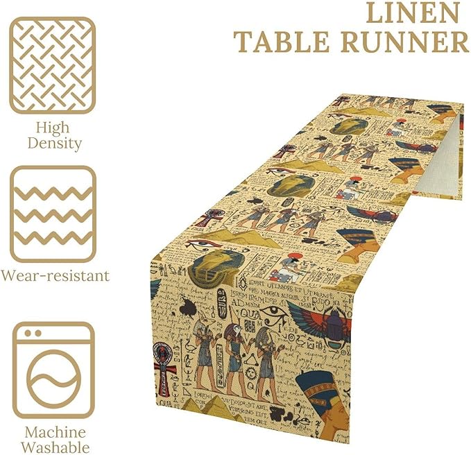 Ancient Egypt Table Runner, Egyptian Symbols Vintage Gold Pharaoh Pyramid Design Table Runner for Kitchen Family Dining Holiday Party 13x70in