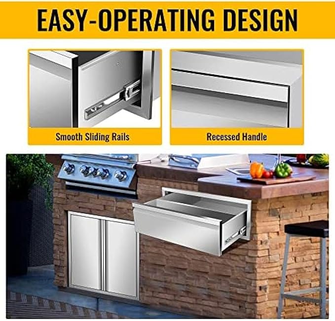 Outdoor Kitchen Drawers, Box Frame Style Flush Mount BBQ Drawer w/Stainless Steel Handle, BBQ Island Drawers For Patio Grill Station,Single Drawer