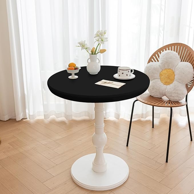 Round Fitted PU Tablecloth with High Elastic Edge 55 Inch Dia Waterproof Oil Proof Table Cloth Anti-Scald Stain-Resistant Wipeable Table Cover for Indoor Outdoor Picnic (Black,55" Dia)