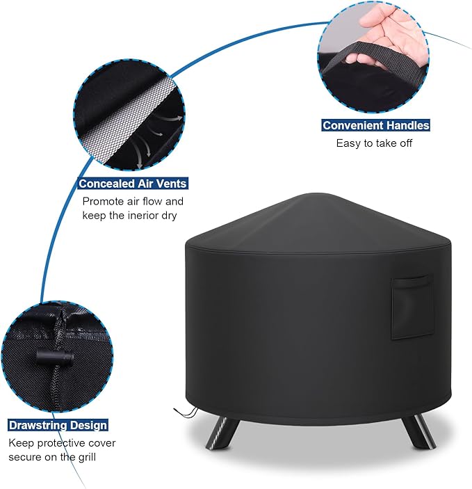 Round Fire Pit Cover, 36 inch Fire Pit Cover with Windproof Drawstring & Waterproof Layer, Full Coverage Fireplace Cover Fit for 33-36 Inches Round Fire Bowl with Mesh Spark Screen