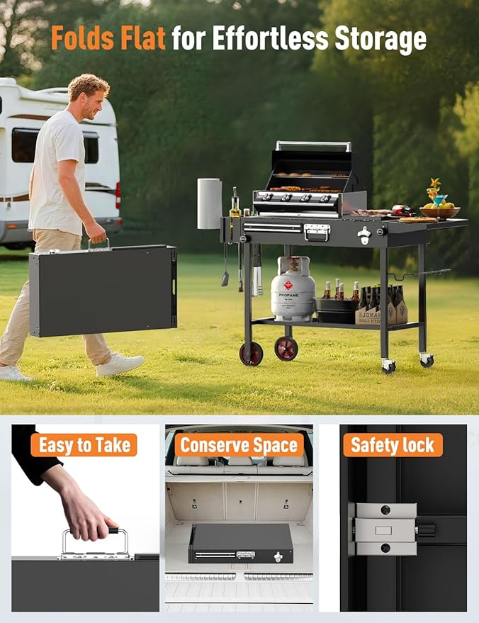 Portable Grill Cart Table with Wheels, for 17-22 Inch Blackstone Griddle Stand, Foldable BBQ Prep Station with Seasoning Tray