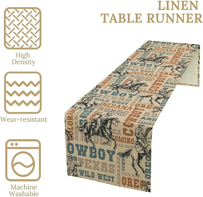 Western Cowboy Table Runner, Vintage Country American West Cowboy Riding Horse Table Runner for Home Kitchen Dining Party Farmhouse Cafe Outdoor 13x108in