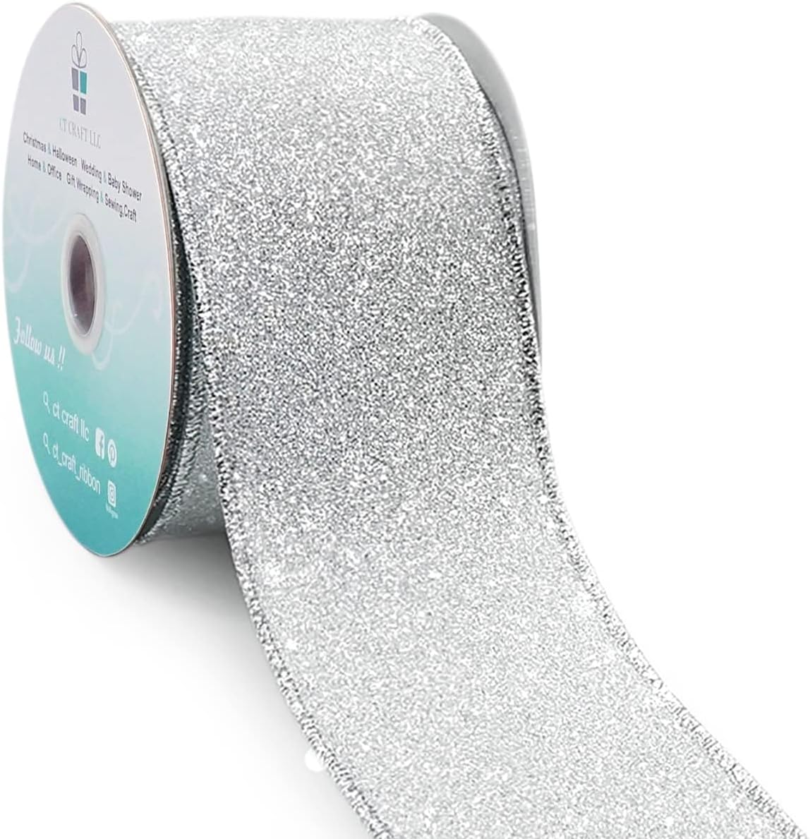 CT CRAFT LLC Glitter Wired Ribbon 2.5" x 10 Yards Silver for Christmas Home Decor Bow Gift Wrapping DIY Crafts Wreath