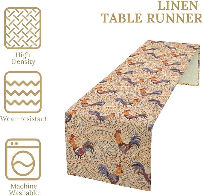 Cute Roosters Table Runner, Boho Rustic Cock Chicken Vintage Arch Floral Plants Print Table Cover for Holiday Kitchen Dining Table Indoor Outdoor Home Party Decor, 13x36inch
