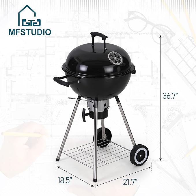 MFSTUDIO 18" Kettle Charcoal Grill, Portable Porcelain-Enameled BBQ Grill with Slide Out Ash Catcher for Outdoor Barbecue Cooking, Black