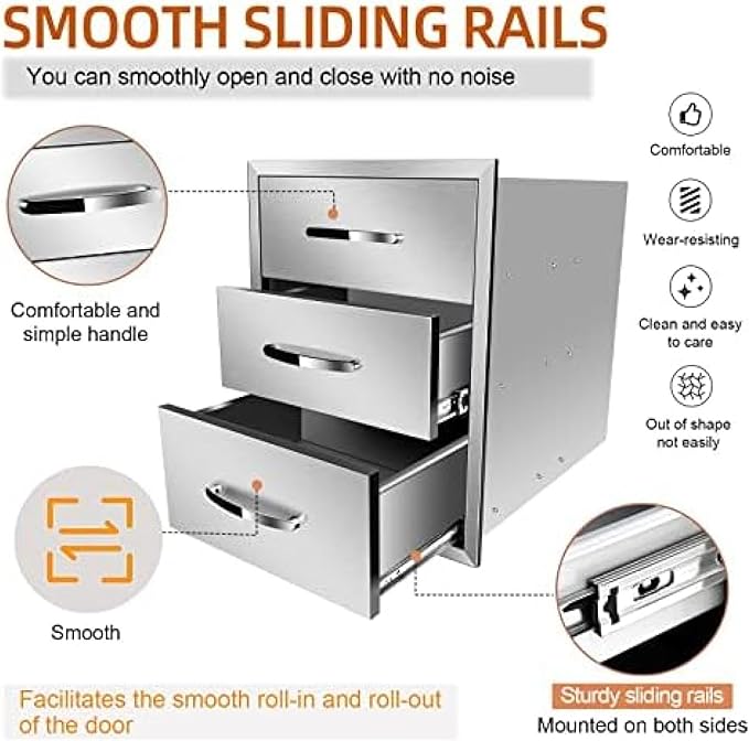 Stainless Steel Outdoor Kitchen Drawers - 3-Drawer BBQ Drawer, Built-in, Flush Mount for Outdoor Kitchens & BBQ Islands, 18Wx23Dx23H-3L