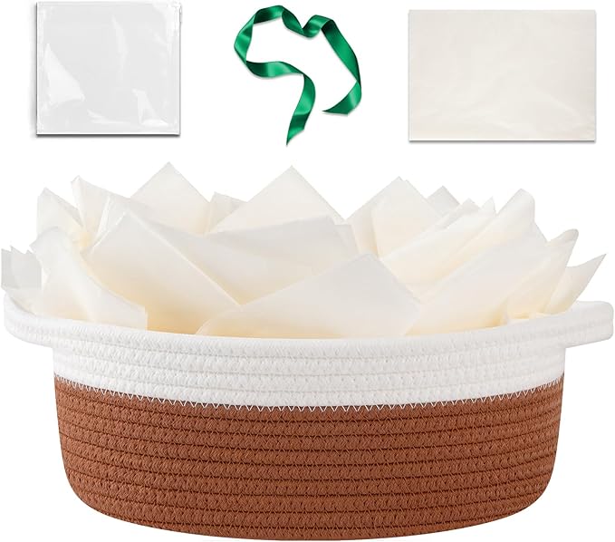 OIAHOMY Gift Basket Empty with Handle, 12"x 8"x 5" Small Woven Basket with Gift Bag, Ribbon and Wrap Tissue Paper, Dog Toy Storage for Organizing - Rust Red & White