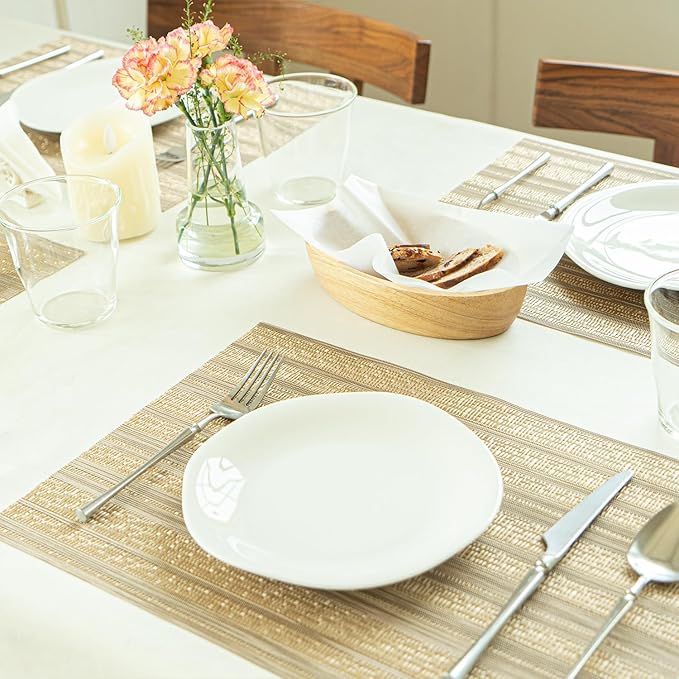 Placemats Set of 12 Vinyl/Plastic Woven Place Mats for Kitchen Table Indoor/Outdoor Washable Placemat Wipeable Dining Table Mats (Aurora Gold,12)