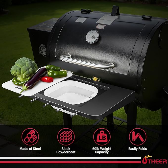 Front Folding Grill Shelf for Pit Boss 700DX, 700FB, 700FB2 & 800FB2, 23.6" × 12.2" Prep Station with Foldable Basin 4-Layer Steel Build, Cutting Board & 5 Hooks,Cover-Friendly Design (Not for 700FB1)