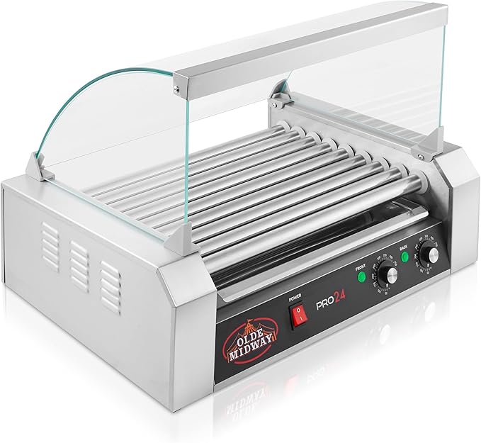Olde Midway Electric 24 Hot Dog 9 Roller Grill Cooker Machine with Cover 1200-Watt - Commercial Grade