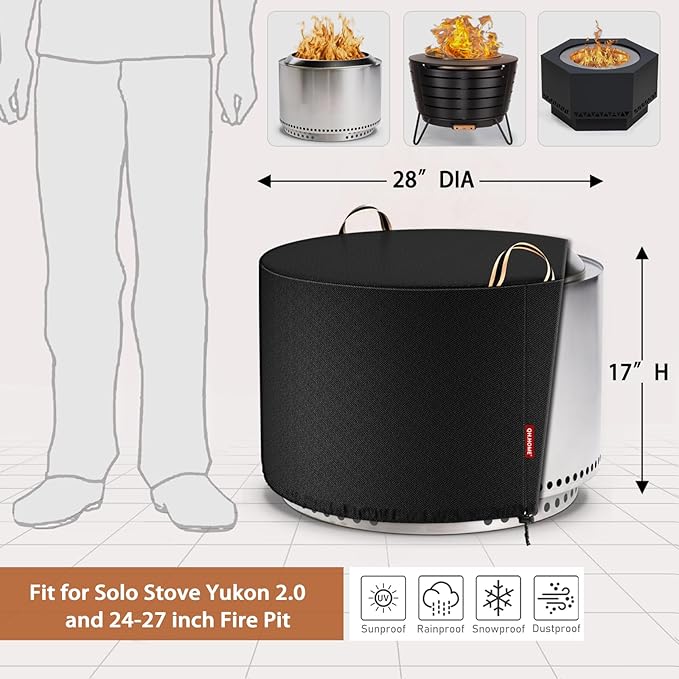QH.HOME Fire Pit Cover Round for Solo Stove Yukon 27", Waterproof Smokeless Fire Pit Cover, 600D Strong Tear Resistant, Fits for Gas/Table/Bowl Fire pits - 28" D X 17" H