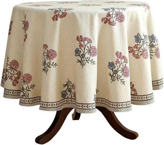 ISAENNE Designer Linen Light Beige Small Round Tablecloth,French Colorful Floral Table Cloth,Stain Resistant Decor Tablecloths for Dining Thanksgiving Christmas Kitchen,Diameter 55"-Helena E