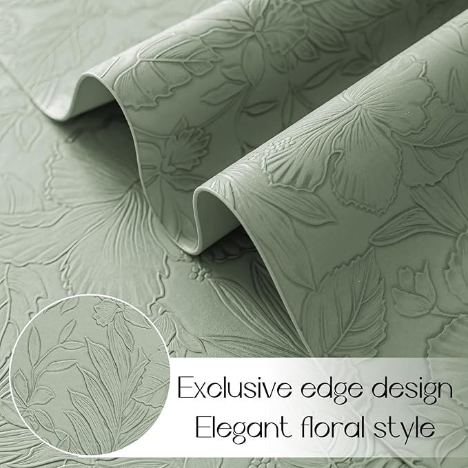 Romanstile Vinyl Placemats Set of 8-12 X 18 Inch - Heat Resistant Non-Slip Embossed Floral Place Mats 100% Waterproof Oilproof Wipeable Faux Leather Table Mats for Kitchen/Dining/Party, GrassGreen