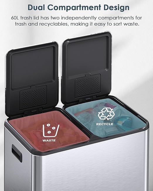 Arlopu 16Gal Dual Trash Can w/2 Built-in Box for Odor Control, Hands-Free Kitchen Garbage Bin, Recycle Waste Dustbin, Soft-Close Lid, 2 Buckets,Foot Pedal, Side Handle, Airtight,for Home (Silver)