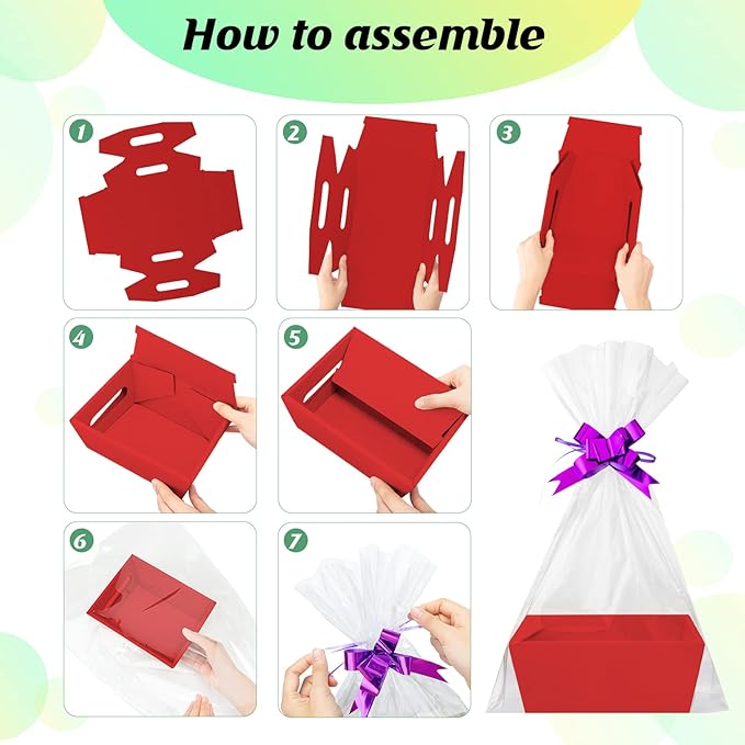 Fainne 74 Pcs Baskets for Gifts Empty Bulk DIY Empty Gift Basket Include 20 Kraft Cardboard Tray with Handles 30 Bags 24 Bows for Christmas Thanksgiving Birthdays Snacks Party, 8" x 6" x 3"(Red)