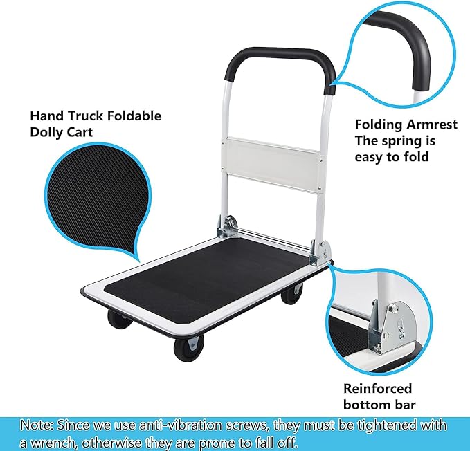 LEADALLWAY Foldable Push Cart Platform Cart 330lbs Capacity 4 Wheels 28.7x18.5x32.3inches White Small Flatbed Cart