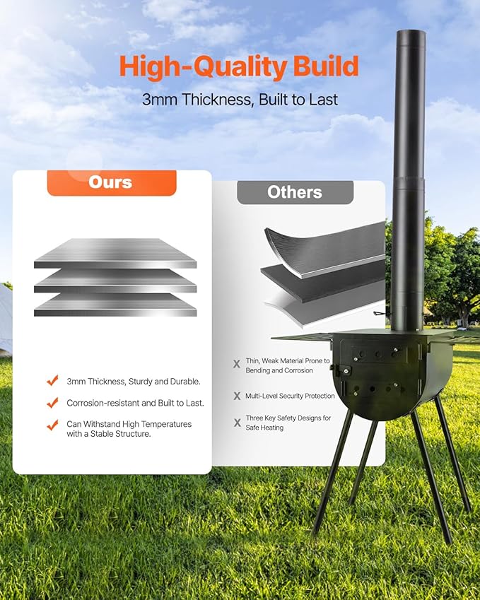 VEVOR 118" Camping Wood Stove, Portable Alloy Steel Tent Stove with 3000in³ Firebox, Outdoor Heating & Cooking Stove with Chimney Pipes & Gloves, Includes 8 Pipes for Efficient Heating