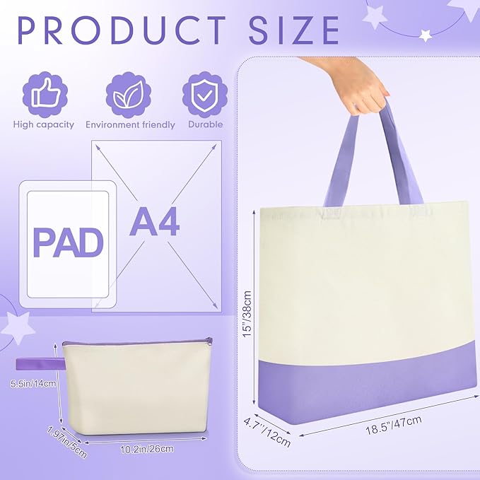 Sanwuta 24 Pcs Canvas Tote Bags Bulk with Zipper Cosmetic Bags 18.5" Cotton Canvas Bag with Handles Reusable Shopping Bags