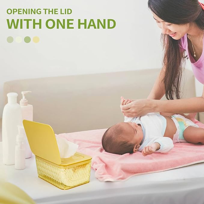 Wipes Dispenser, One-Handed Operation Wipe Holder for Baby & Adult, Seal-Designed Wipes Container for Bathroom Keep Diaper Wipes Fresh (Yellow)