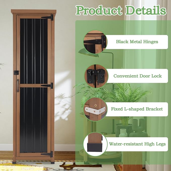 PetsCosset 62" H Narrow Outdoor Storage Cabinet with Metal Top, Outdoor Indoor Storage Cabinet Waterproof with Adjustable Shelves for Corner, Patio, Garden, Porch, Laundry Room or Entryway Storage