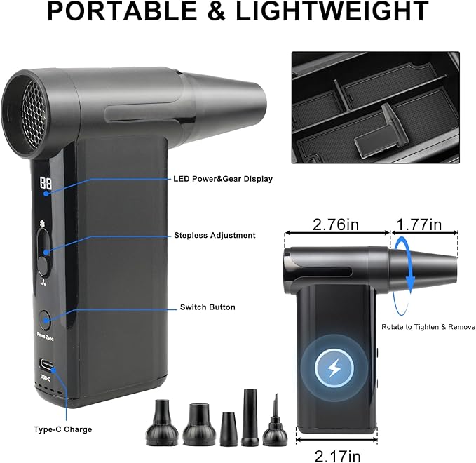 Portable Electric Air Duster, Lightweight 180000 RPM Cordless Fan with LED, 8-Gear Stepless Speed Adjustable Super Power Grill Fan for BBQ,Computer,Car,Home,Outdoor