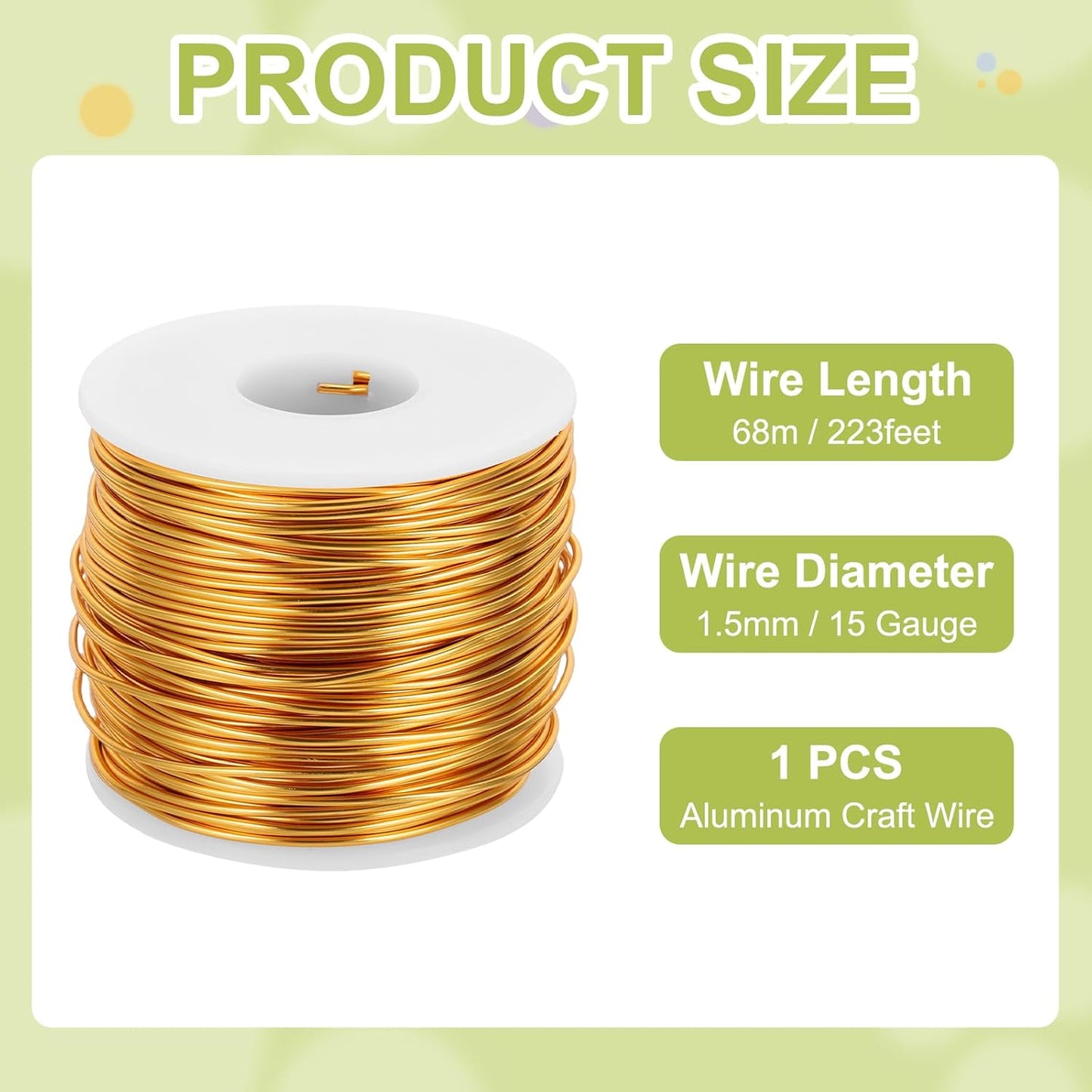 MECCANIXITY 15 Gauge Anodized Aluminum Craft Wire Bendable Bonsai Training Wire 223 Feet 1.5mm for Sculpting Crafts Wreath Floral Beading Jewelry Making, Yellow
